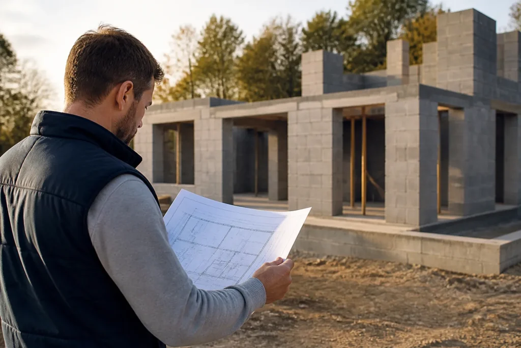 Particulier verifiant un document devant une maison en construction au stade des murs