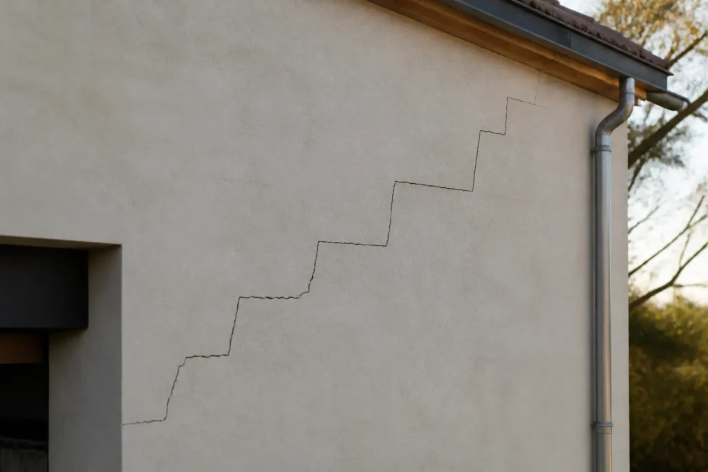 Fissure en escalier sur un mur de maison enduit