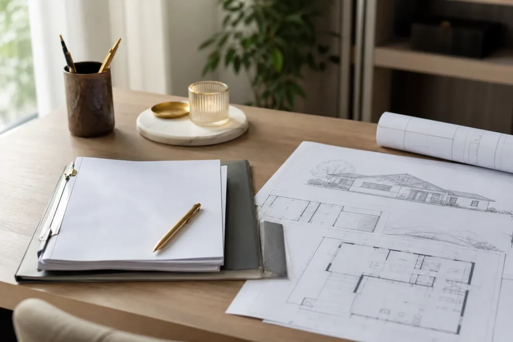 Dossier d assurance et plans de maison sur un bureau