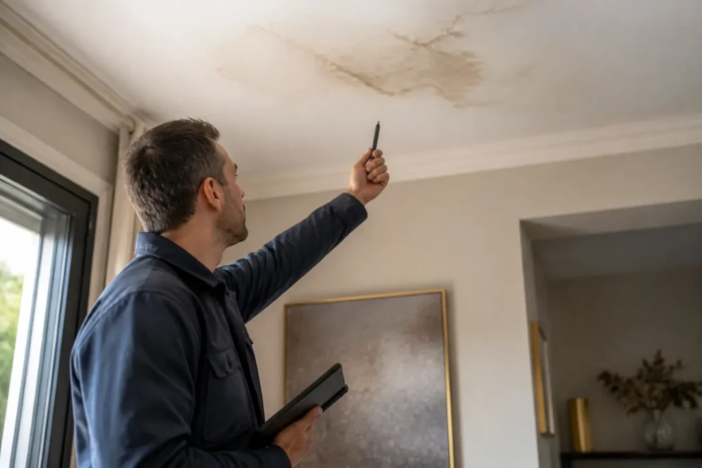 Expert examinant une tache d infiltration au plafond d une maison