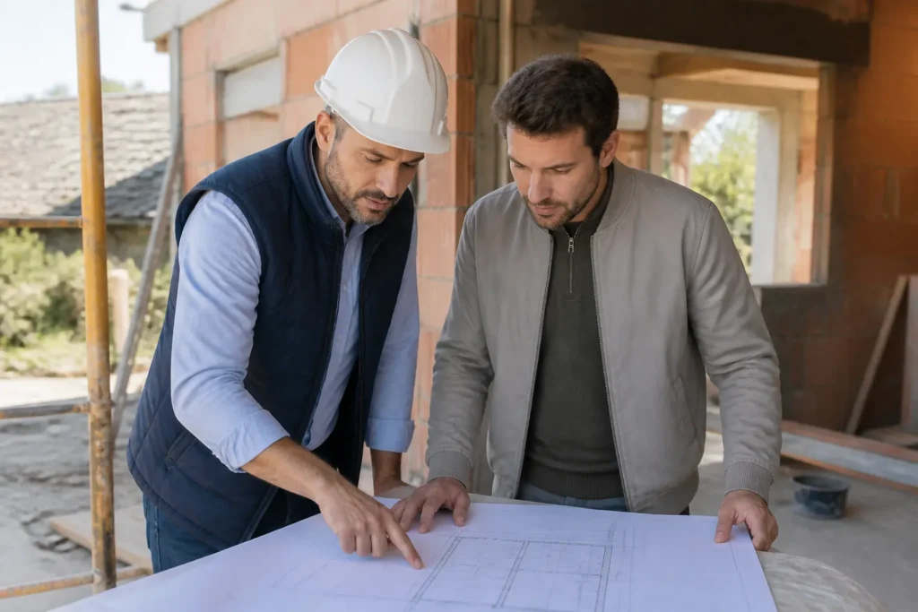 Conducteur de travaux et particulier examinant un plan sur un chantier