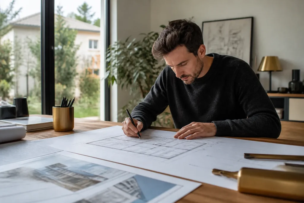 Architecte dessinant un plan de maison individuelle