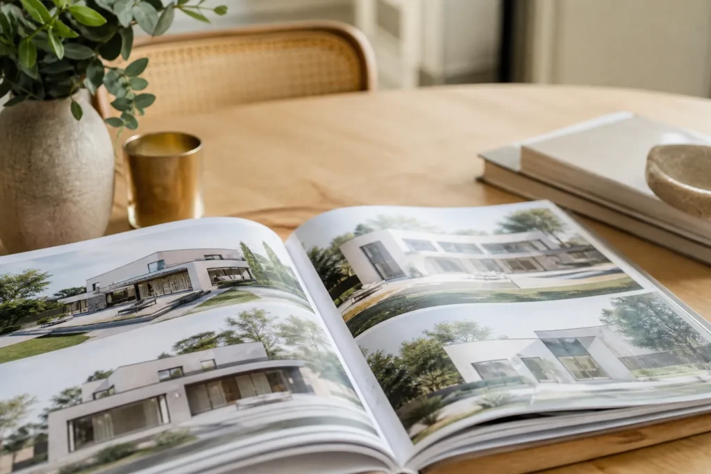 Catalogue de modeles de maisons ouvert sur une table