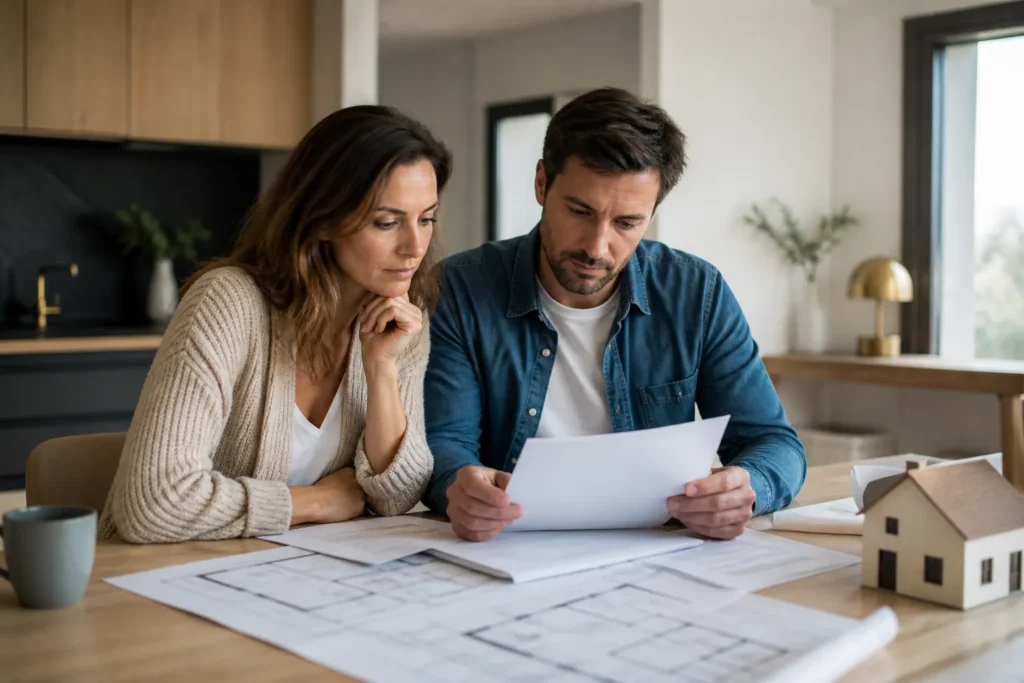 Couple relisant un contrat de construction avec des plans de maison sur une table