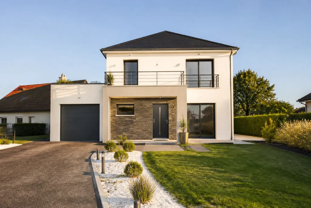 Maison individuelle neuve achevee avec jardin, vue de la facade