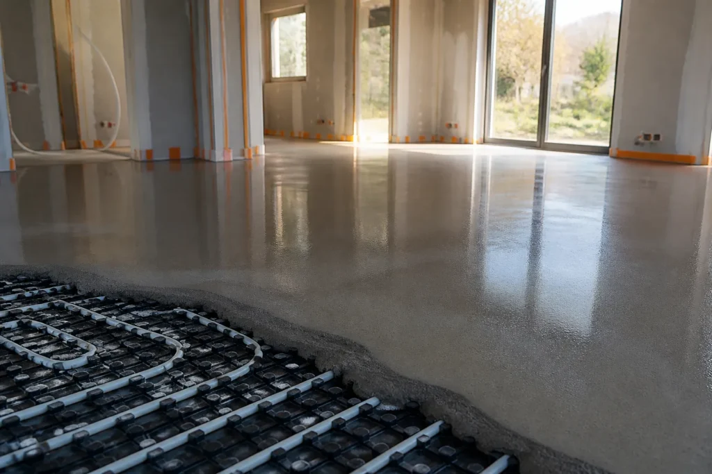 Chape fluide fraichement coulee sur un plancher chauffant