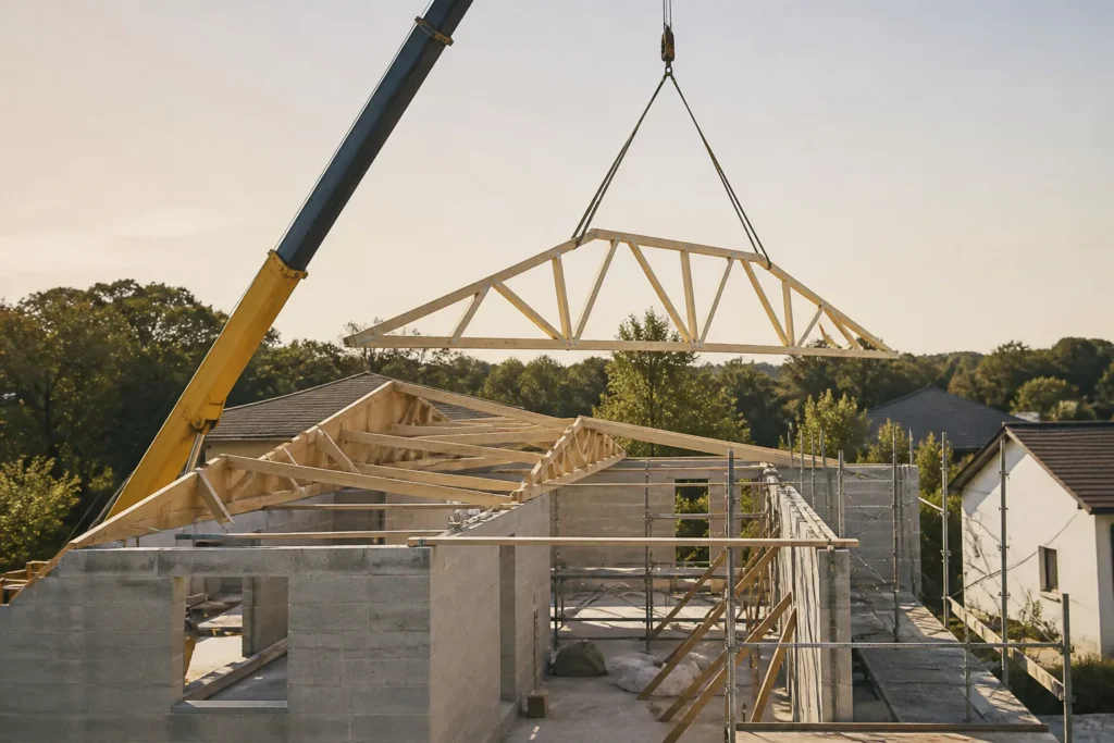 Levage de fermettes par une grue sur un chantier de maison
