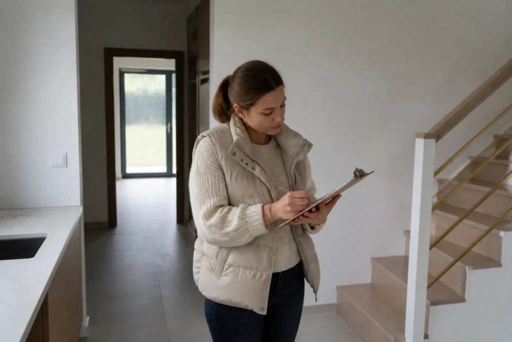 Personne cochant une liste sur une planchette dans une maison neuve