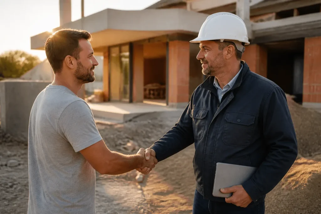 Poignee de main entre un particulier et un conducteur de travaux devant un chantier