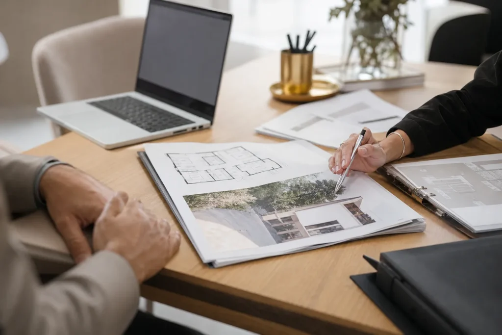 Dossier de pret et plans de maison sur un bureau de conseiller bancaire
