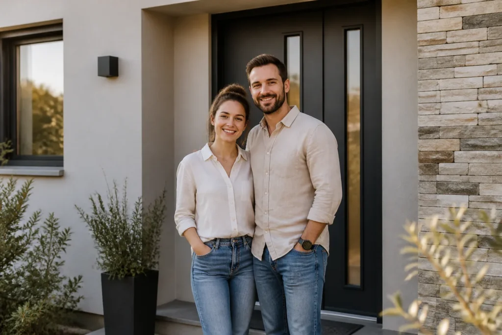 Couple devant la porte d entree de sa maison neuve