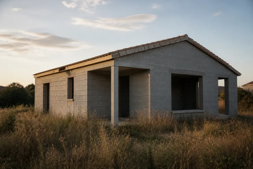 Maison en parpaings inachevee avec herbes hautes autour