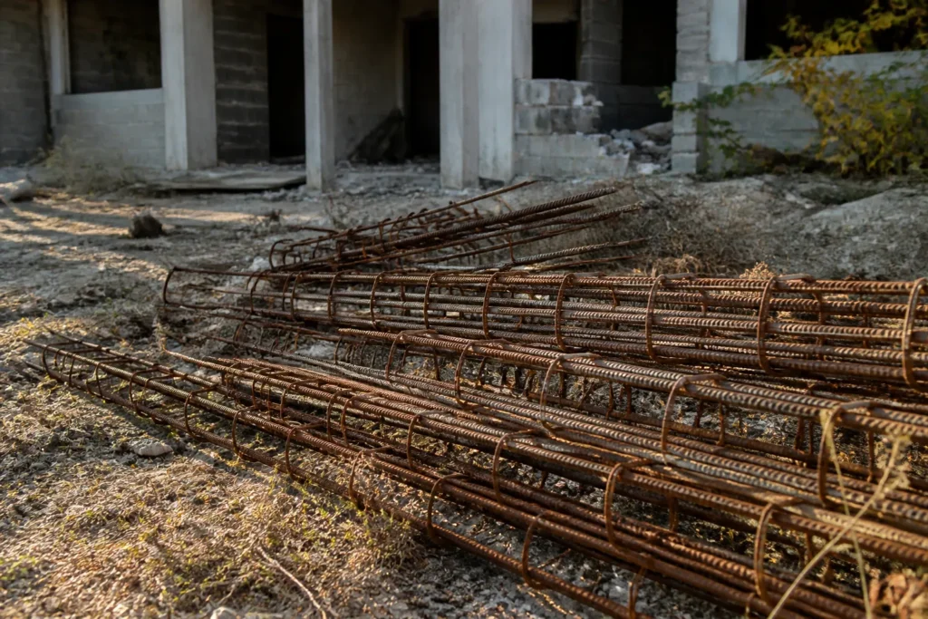 Fers a beton rouilles en attente sur un chantier abandonne