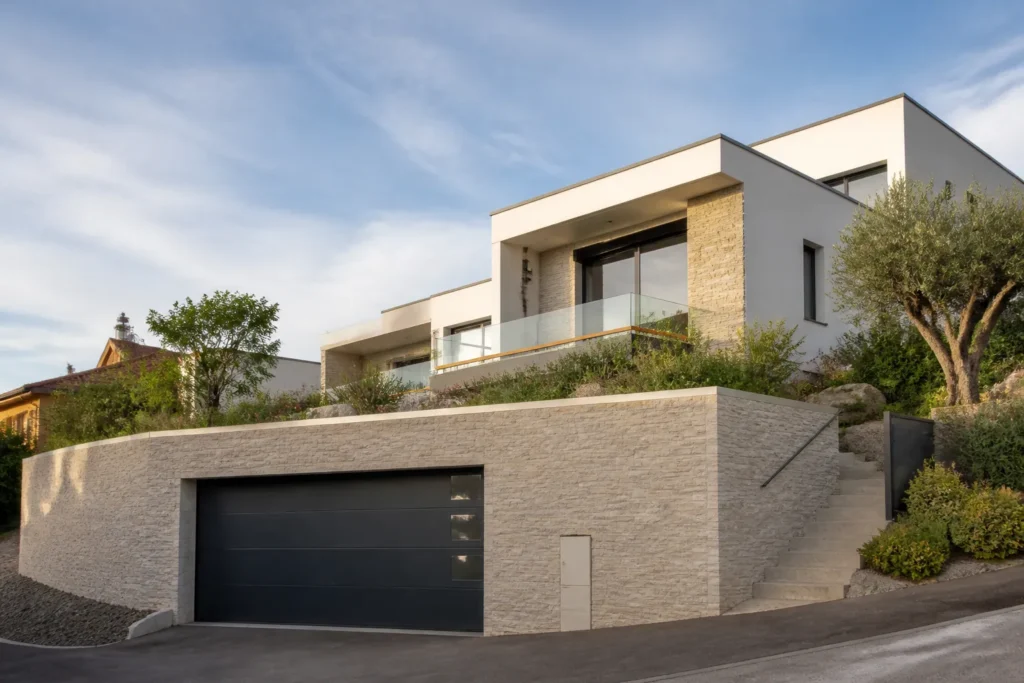 Maison neuve construite sur un terrain en pente avec mur de soutenement