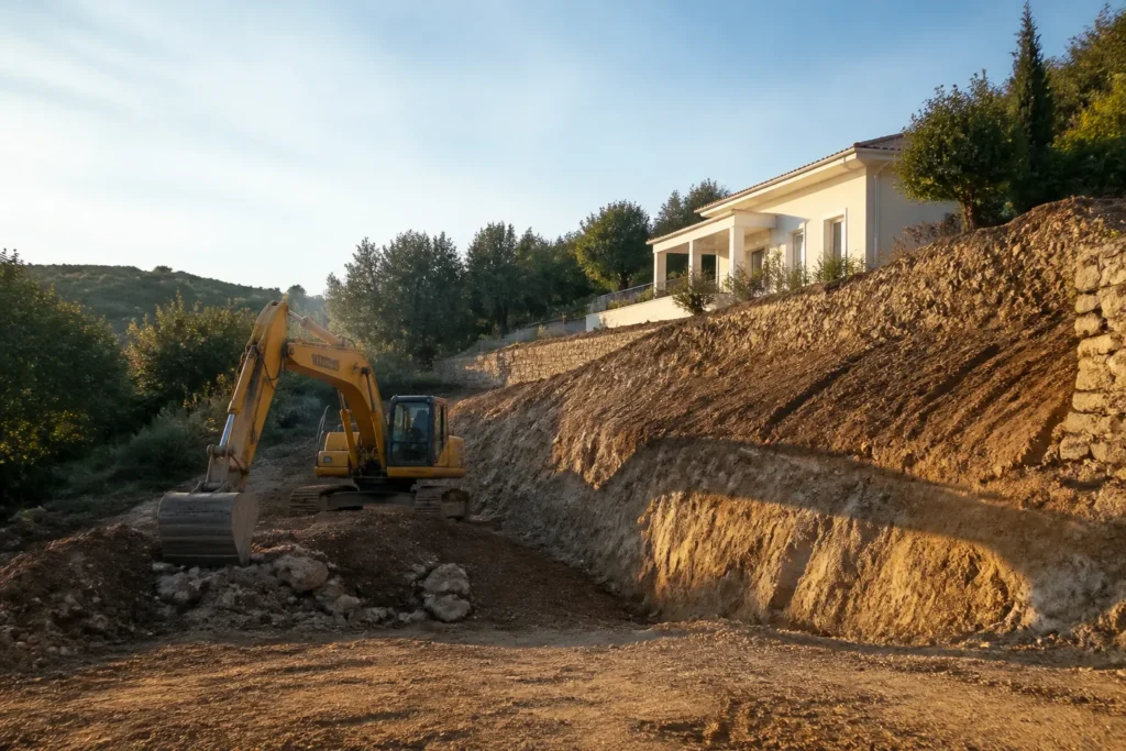 Terrassement d un terrain en pente par une pelleteuse