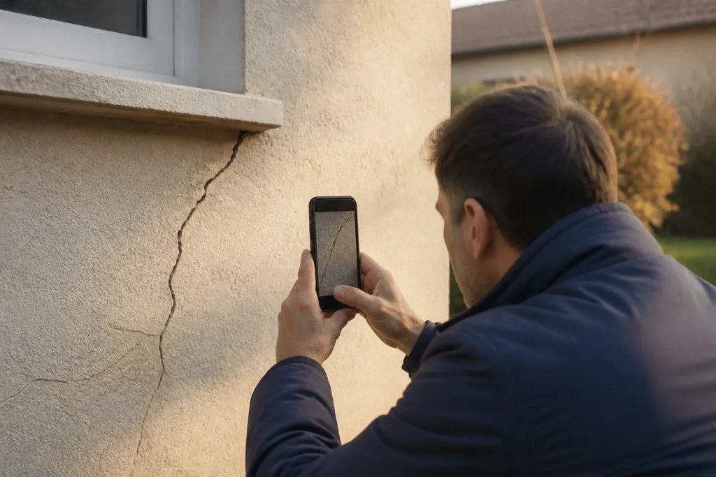 Personne photographiant une fissure avec un smartphone
