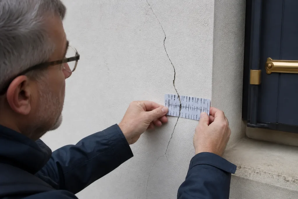 Expert mesurant une fissure avec une jauge