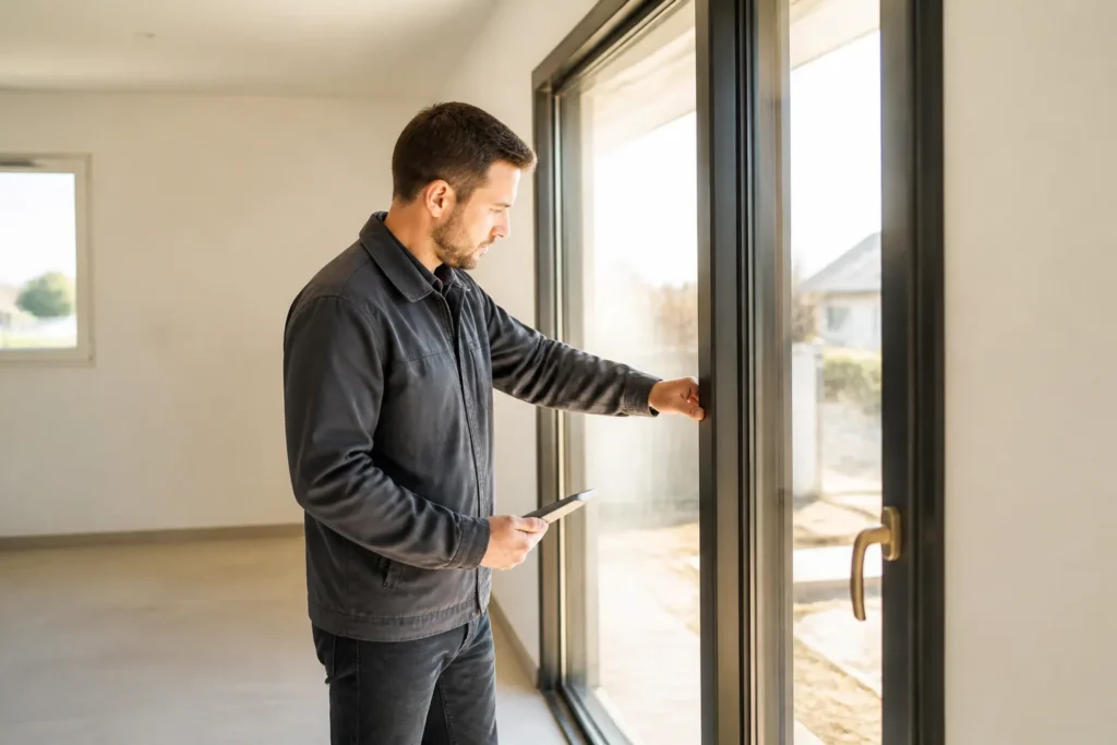 Expert examinant les menuiseries d une maison neuve vide