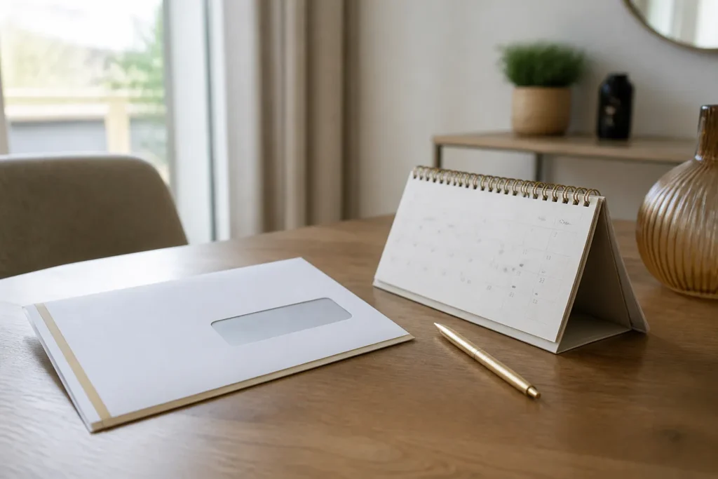 Lettre recommandee et calendrier poses sur un bureau