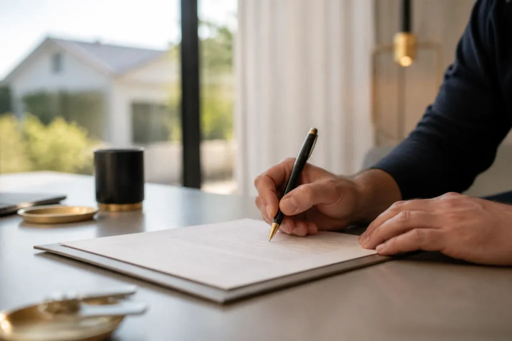 Signature d un contrat avec un stylo sur un bureau