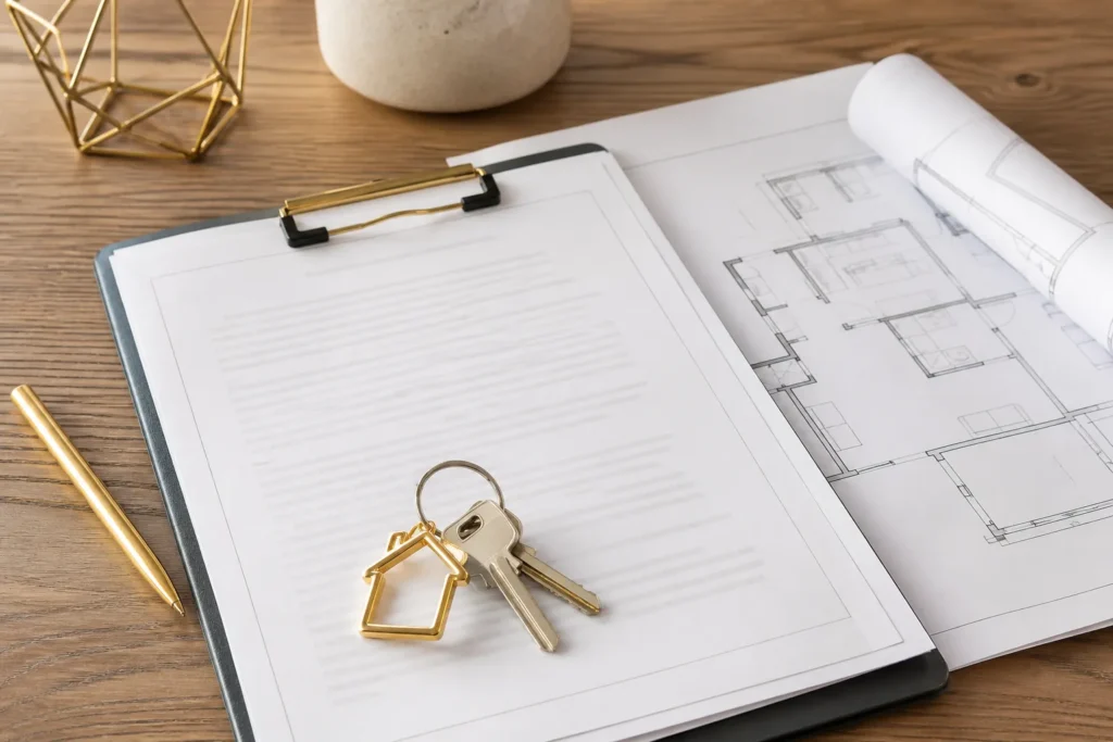 Cles et plans de maison poses sur un contrat