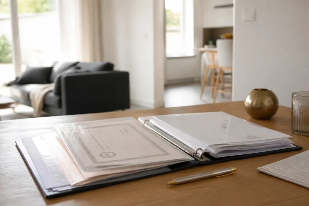 Classeur de documents et attestations sur une table