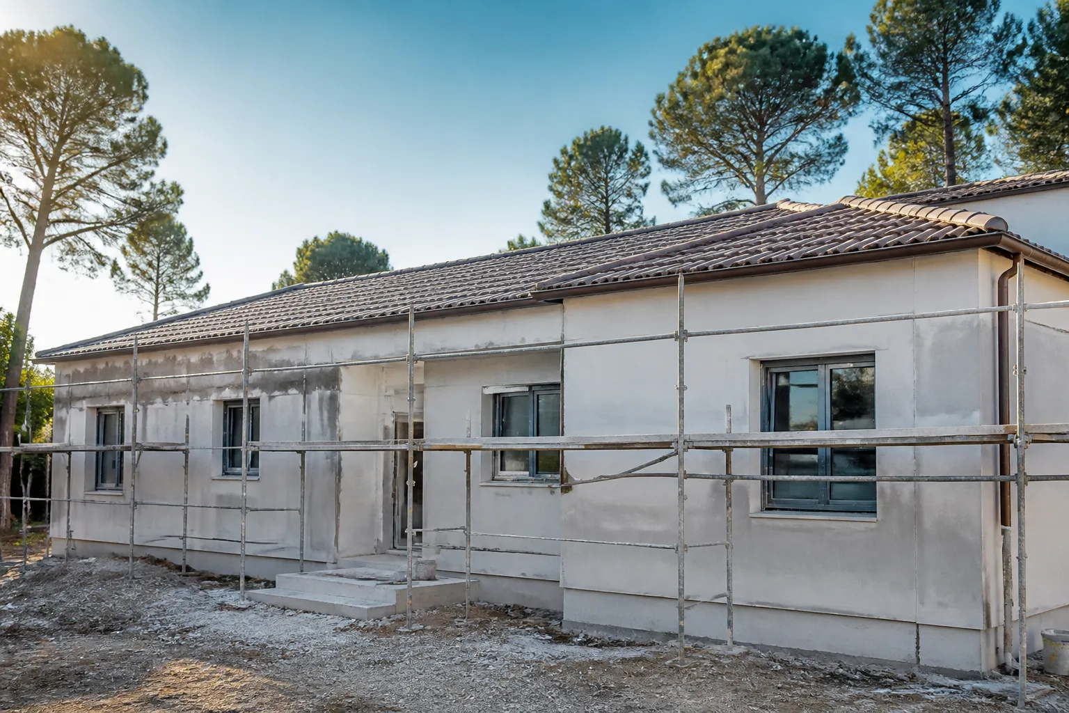 Facade de maison neuve avec echafaudage et enduit en cours, Agen