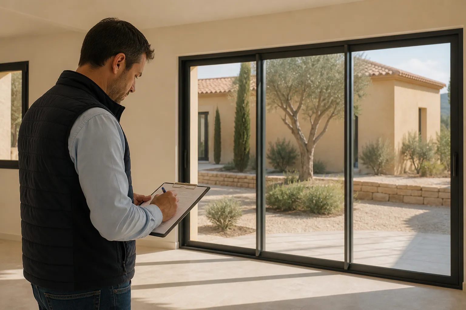 Expert en batiment notant des reserves dans une piece lumineuse de maison neuve, Aix-en-Provence