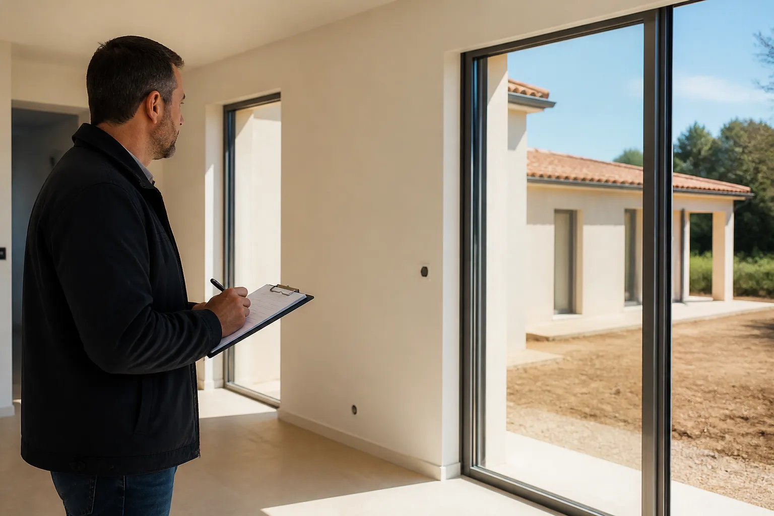 Expert en batiment notant des reserves dans une piece lumineuse de maison neuve, Ales