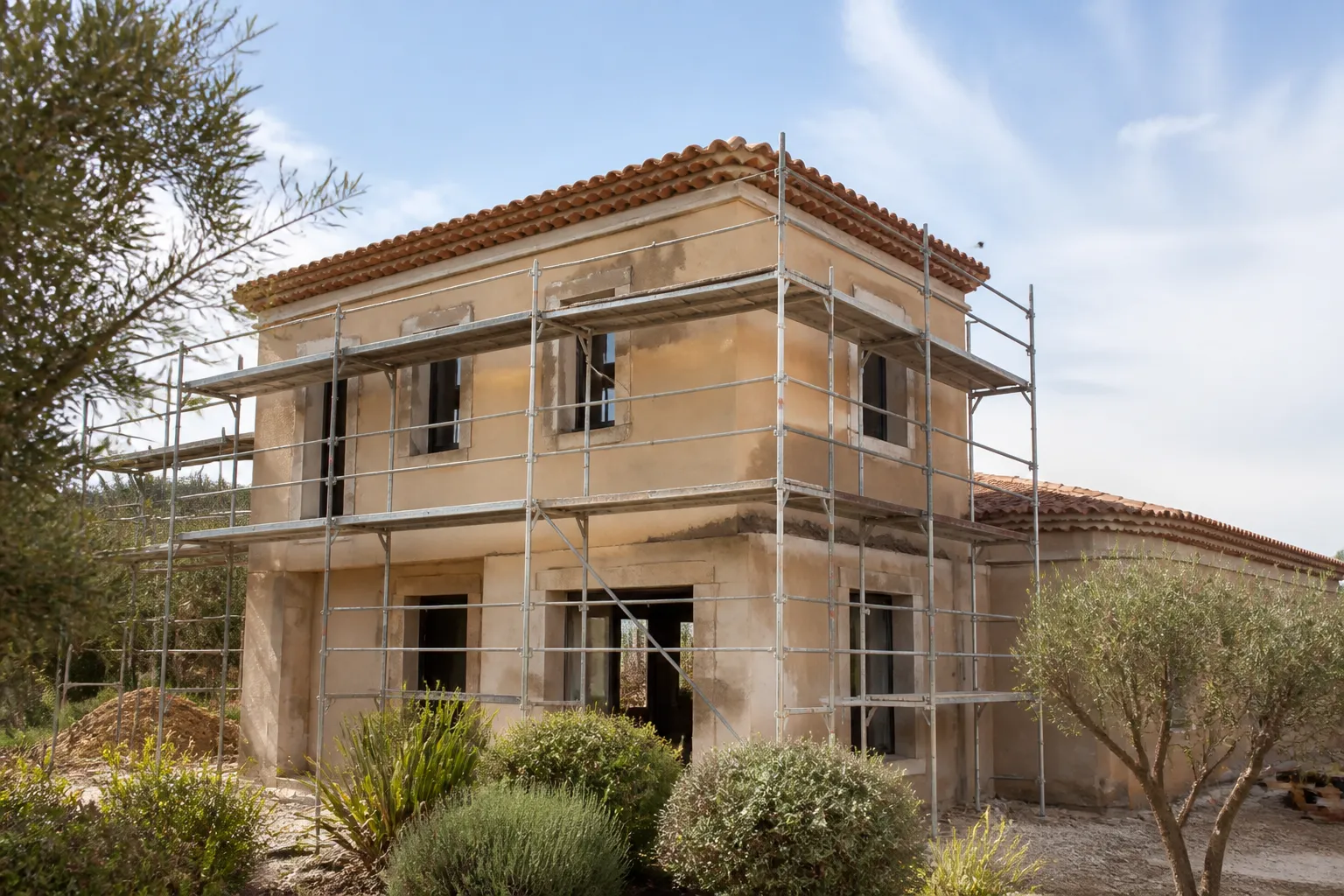 Facade de maison neuve avec echafaudage et enduit en cours, Antibes