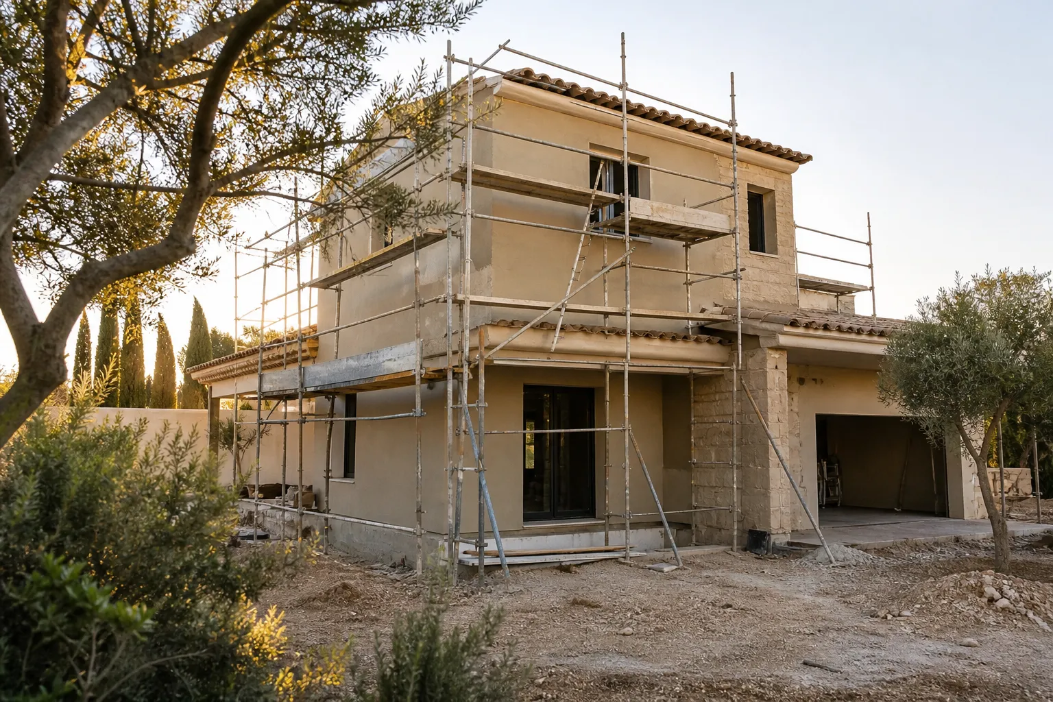 Facade de maison neuve avec echafaudage et enduit en cours, Arles