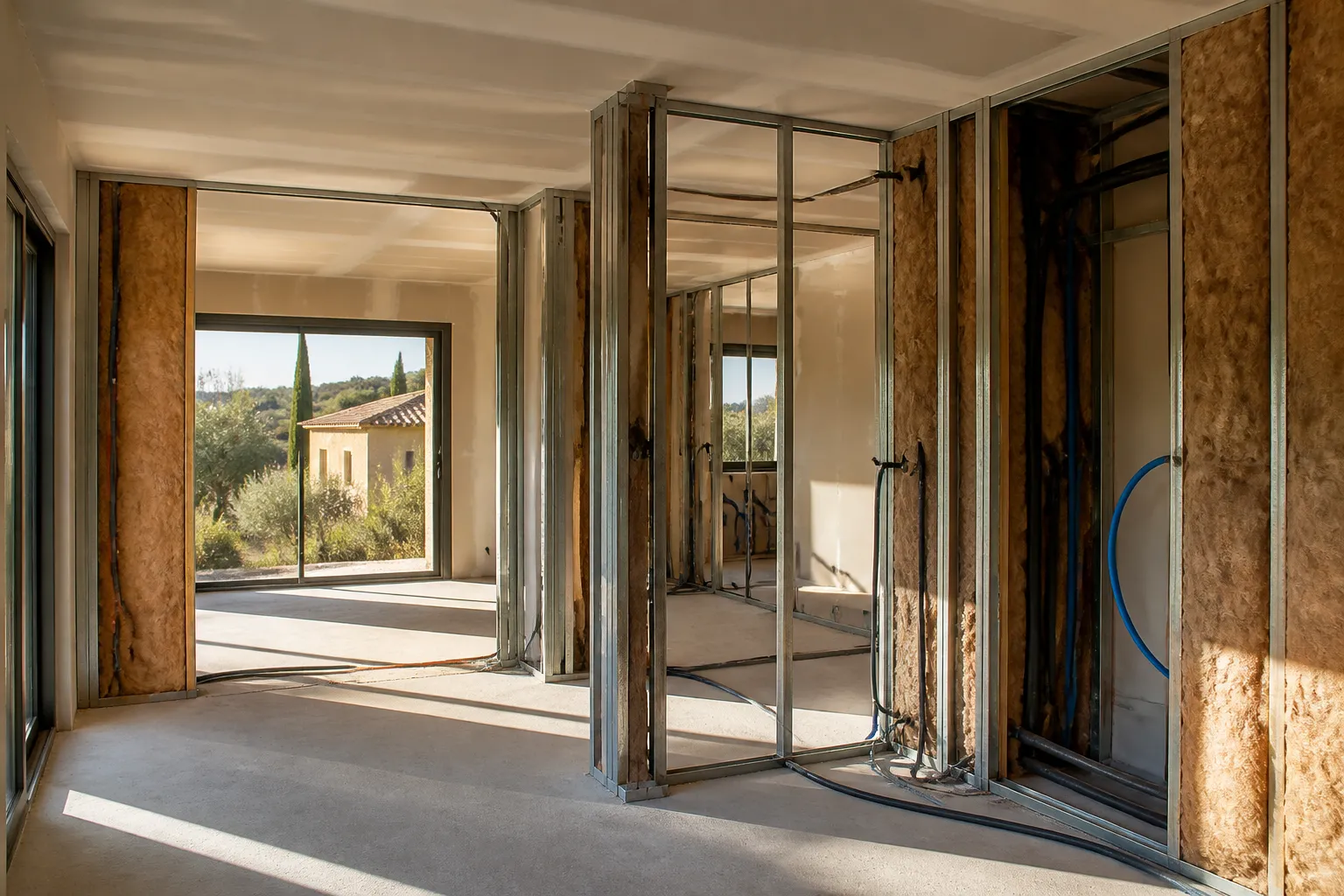 Interieur de maison neuve en cours de cloisonnement avec isolant et reseaux visibles, Aubagne