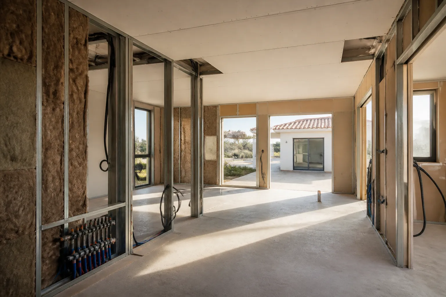 Interieur de maison neuve en cours de cloisonnement avec isolant et reseaux visibles, Auch