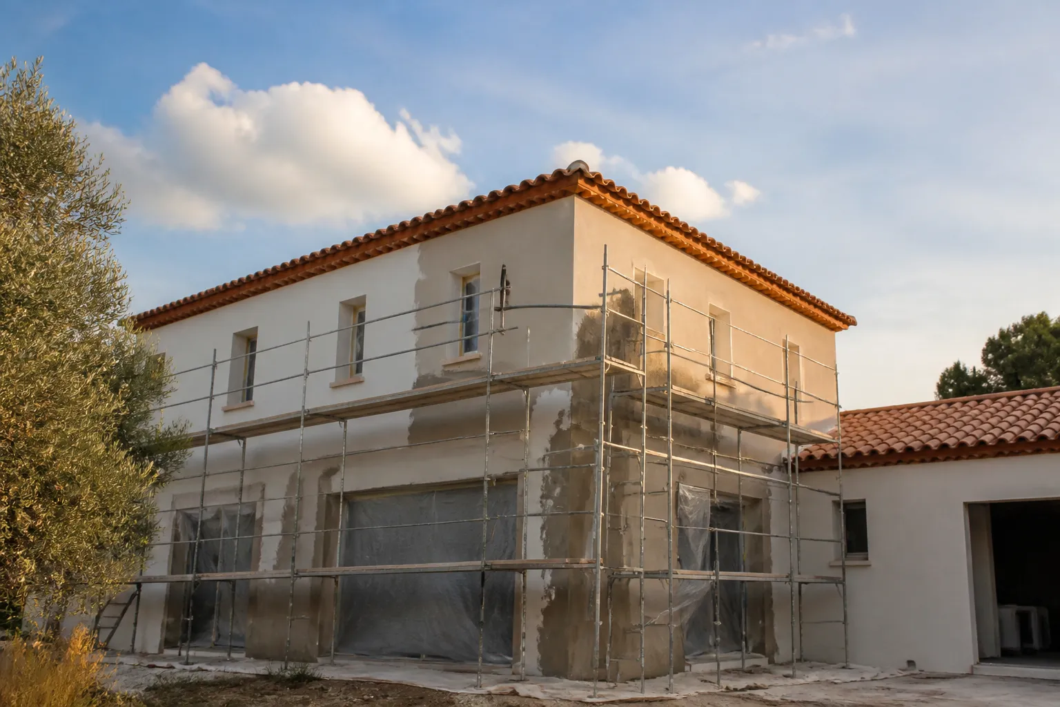 Facade de maison neuve avec echafaudage et enduit en cours, Bagnols-sur-Ceze