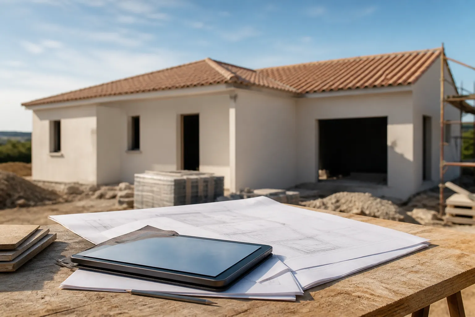 Plans de maison et tablette poses sur une table de chantier, maison en construction en arriere plan, Beaucaire