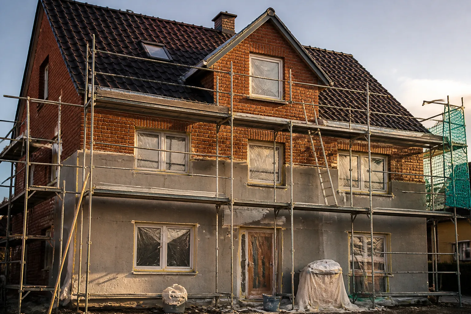 Facade de maison neuve avec echafaudage et enduit en cours, Beauvais