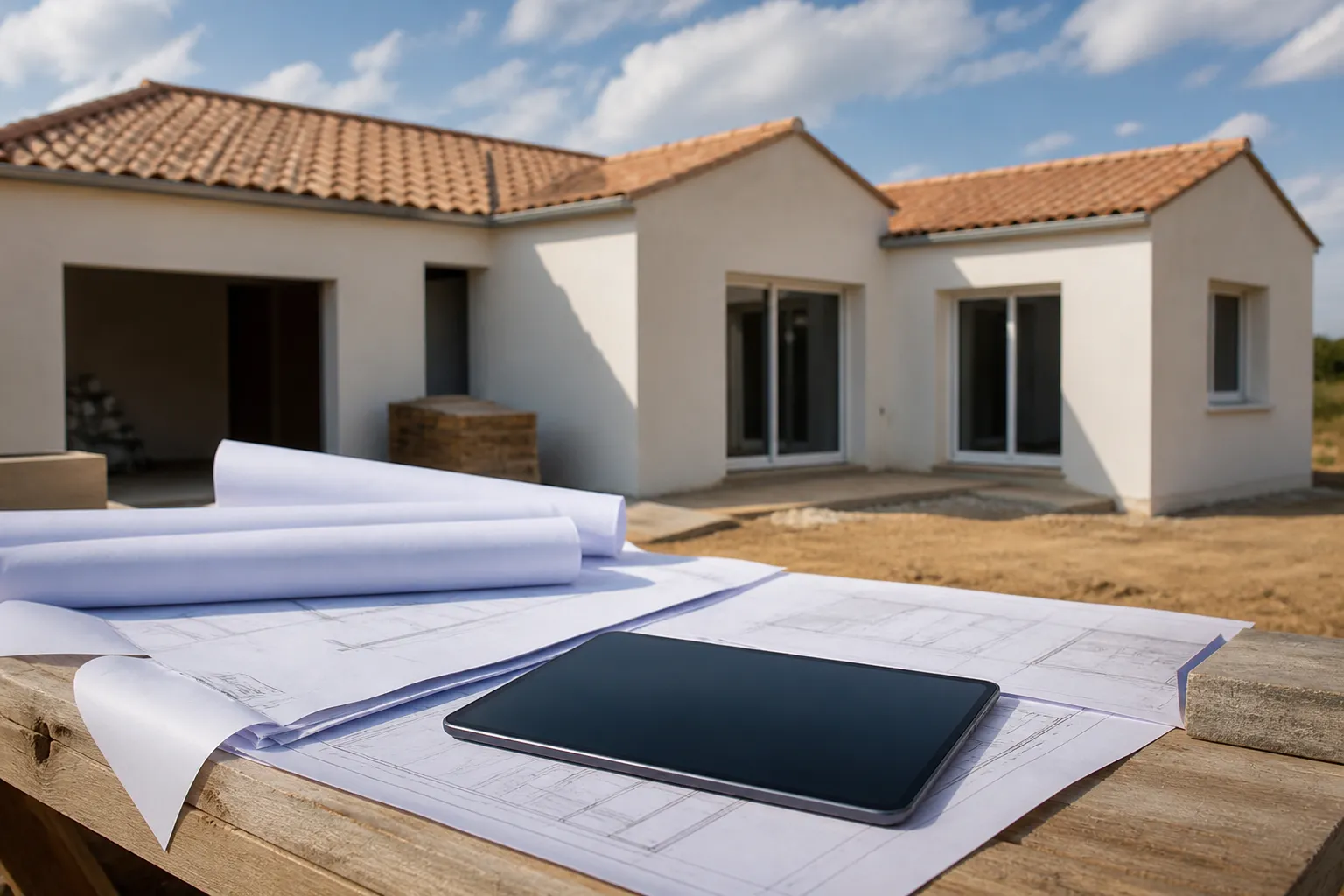 Plans de maison et tablette poses sur une table de chantier, maison en construction en arriere plan, Beziers