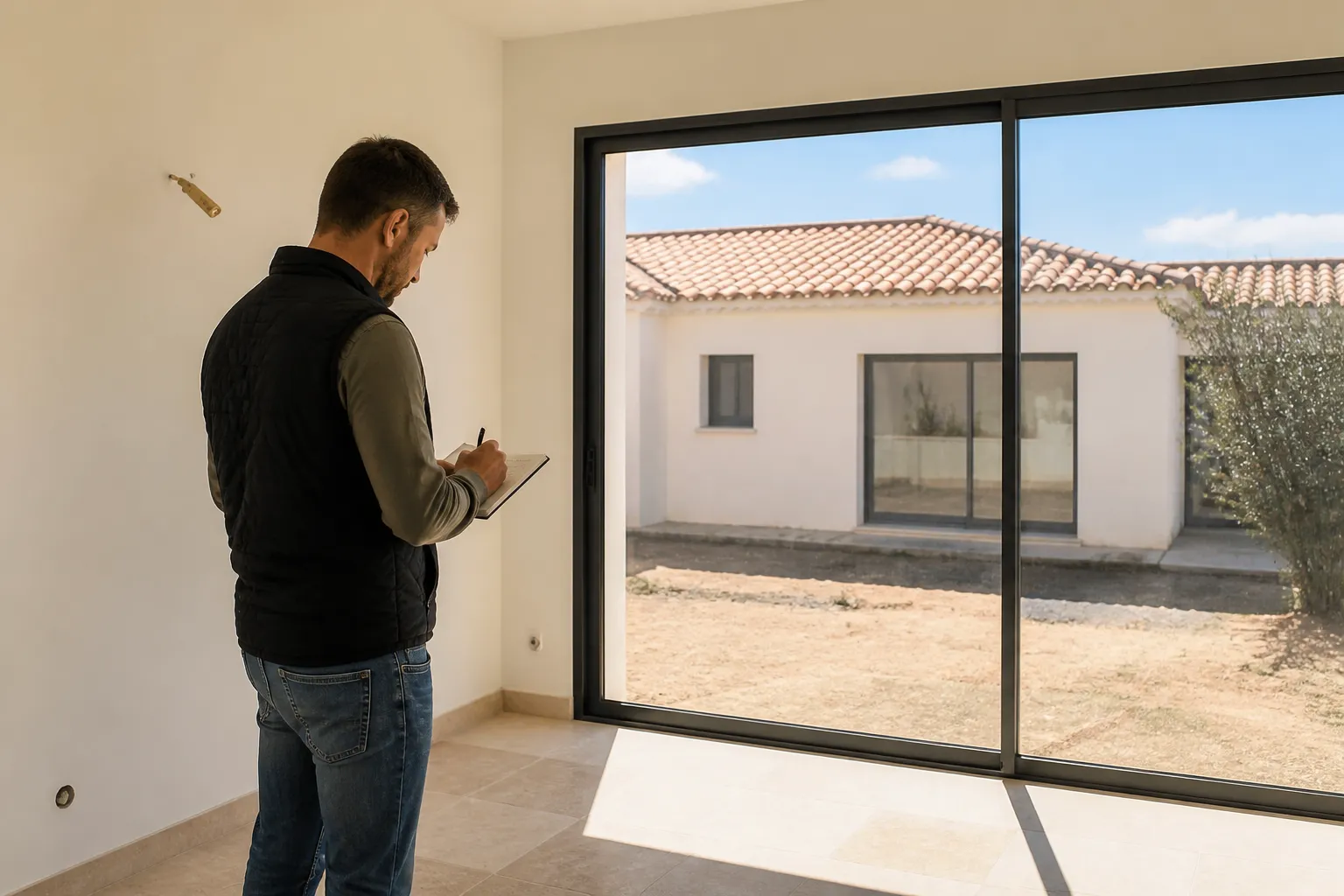 Expert en batiment notant des reserves dans une piece lumineuse de maison neuve, Blagnac