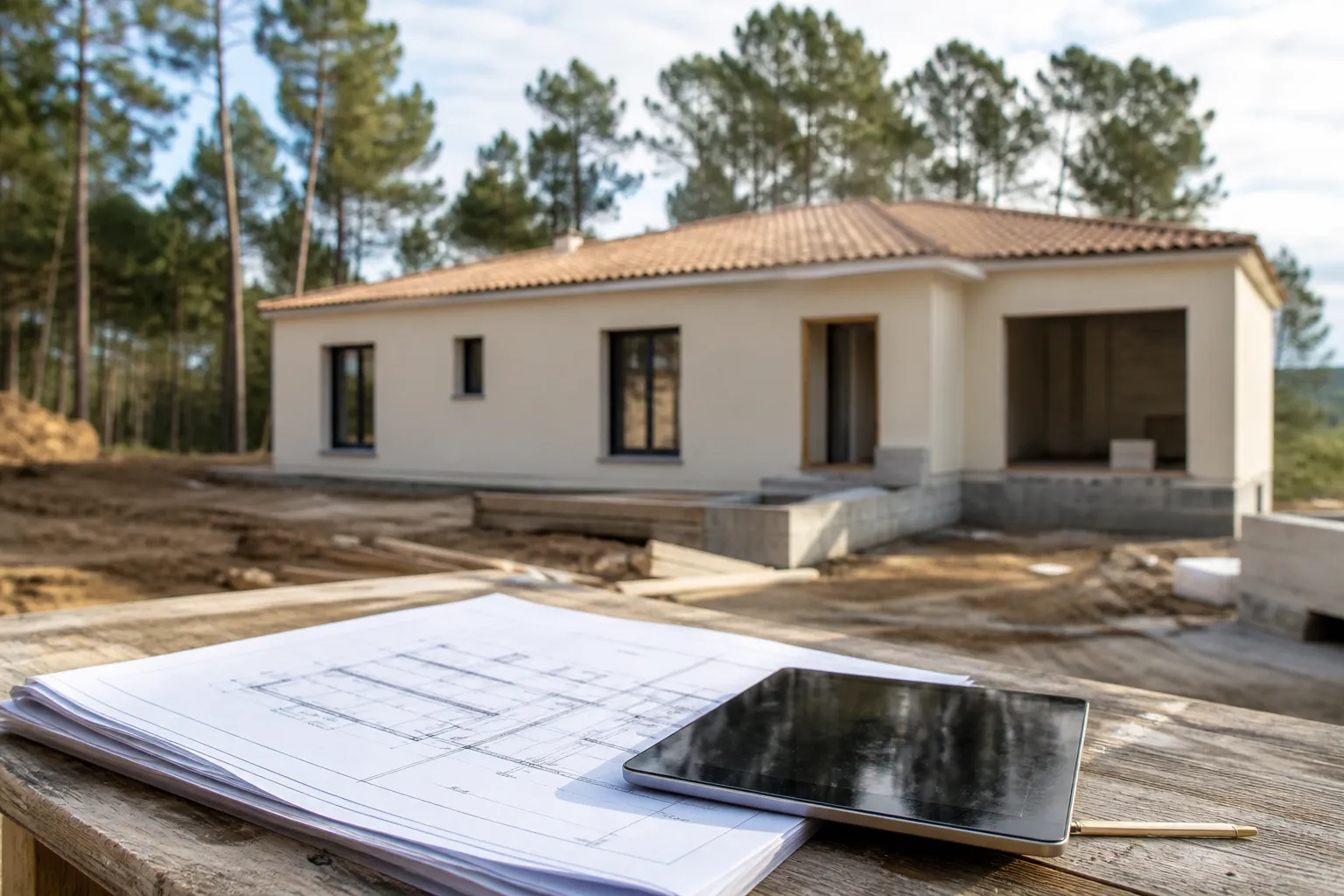 Plans de maison et tablette poses sur une table de chantier, maison en construction en arriere plan, Bordeaux