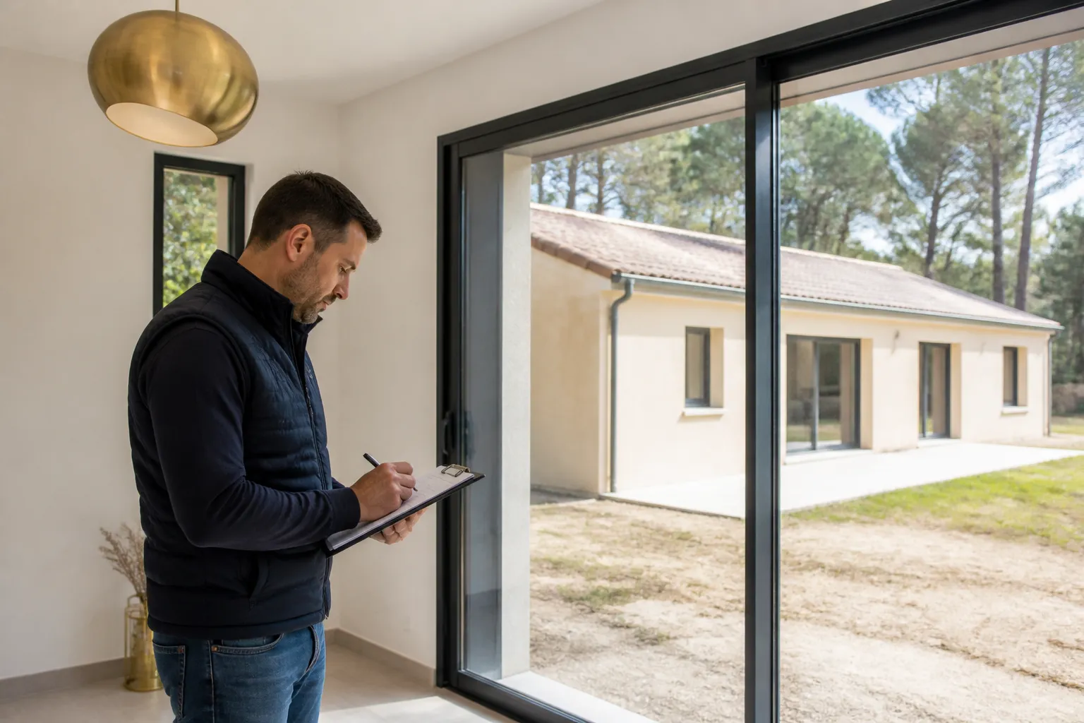 Expert en batiment notant des reserves dans une piece lumineuse de maison neuve, Boulazac Isle Manoire
