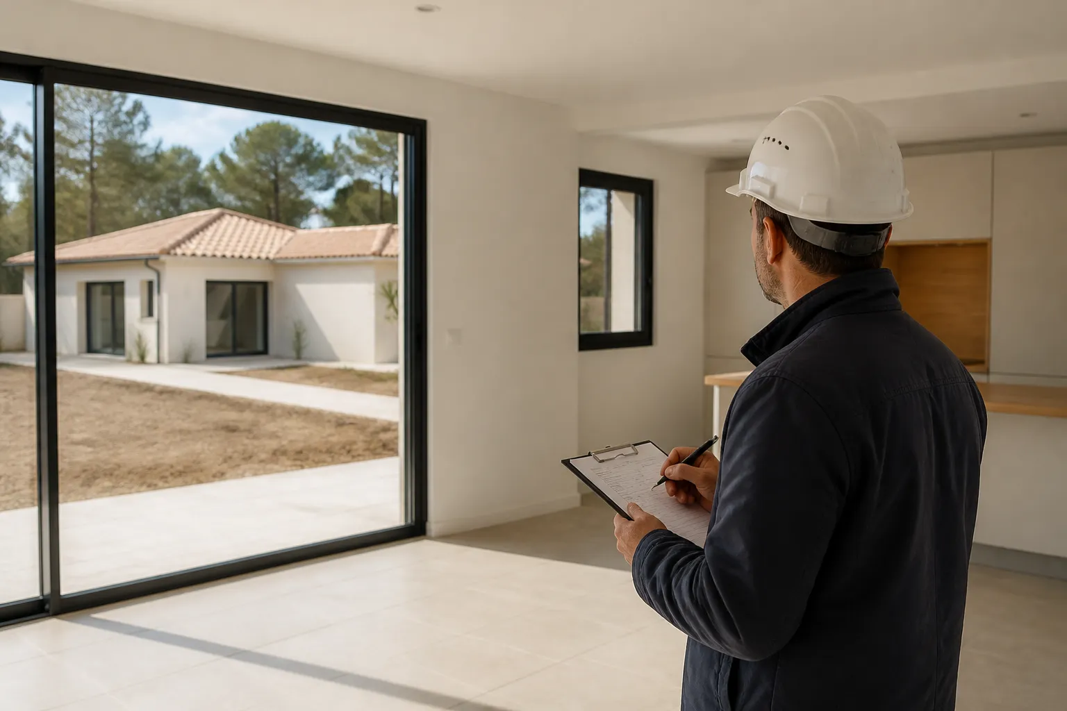 Expert en batiment notant des reserves dans une piece lumineuse de maison neuve, Bressuire