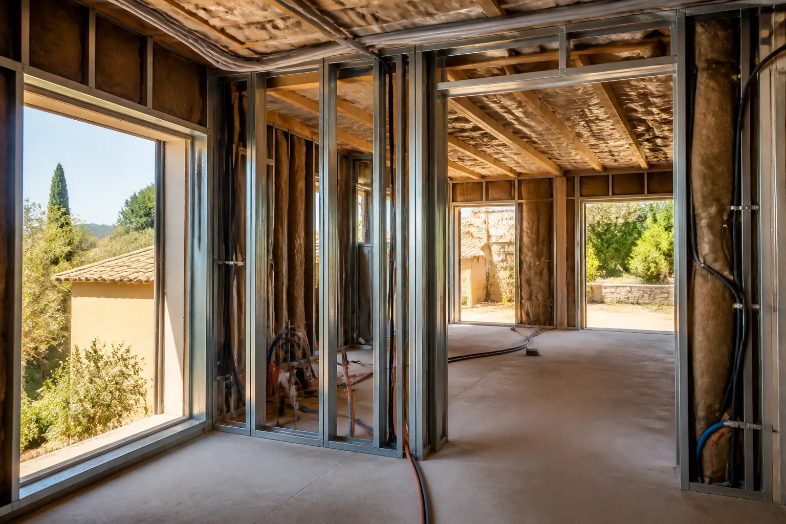 Interieur de maison neuve en cours de cloisonnement avec isolant et reseaux visibles, Cagnes-sur-Mer