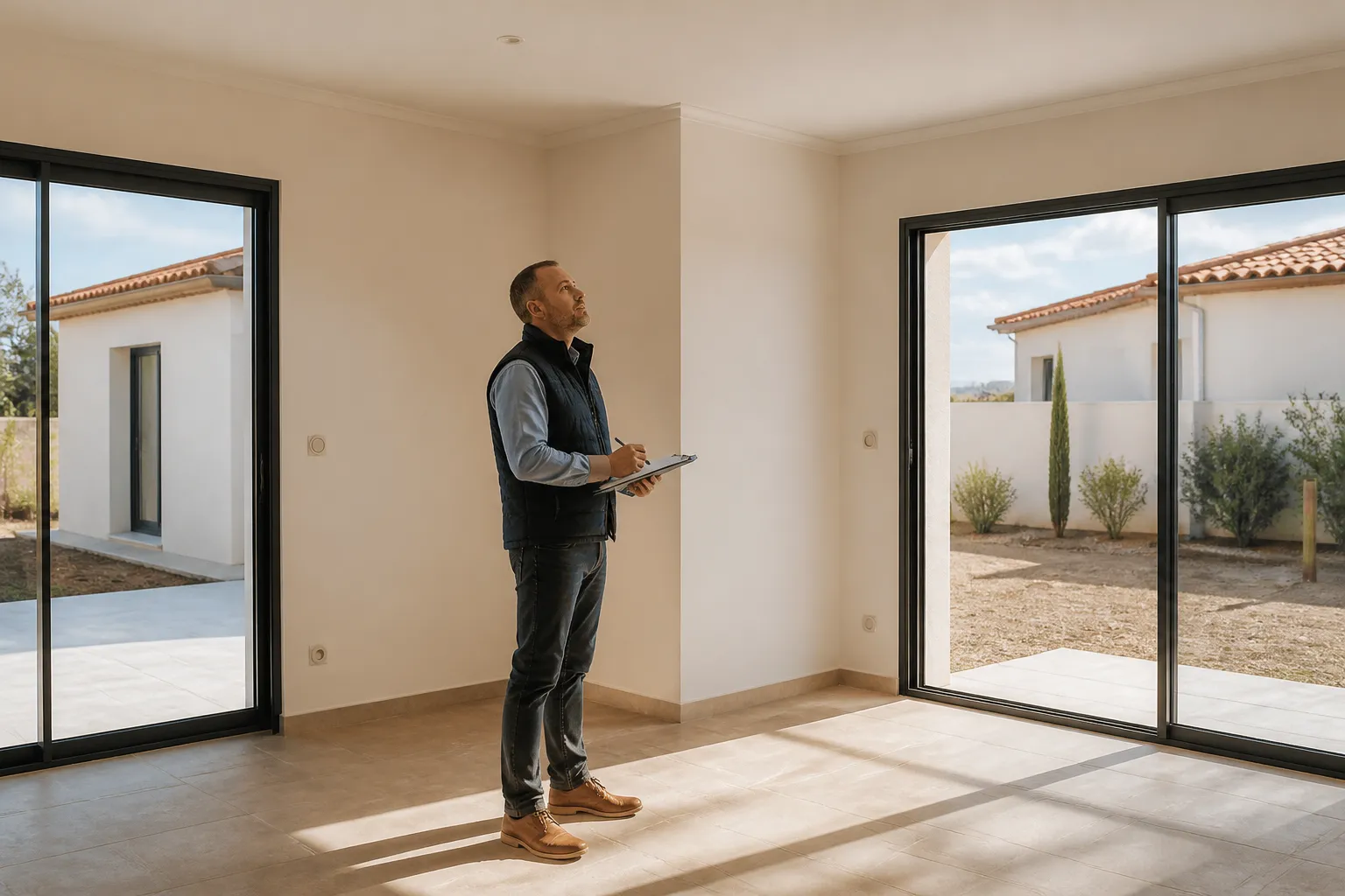 Expert en batiment notant des reserves dans une piece lumineuse de maison neuve, Cahors