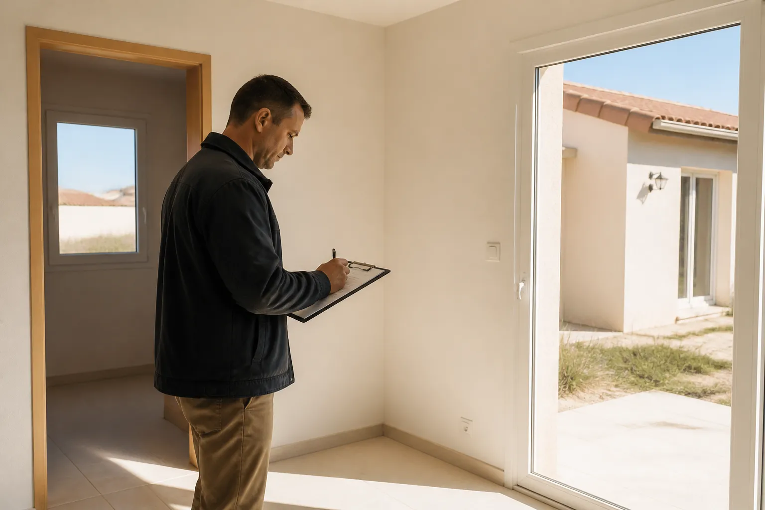 Expert en batiment notant des reserves dans une piece lumineuse de maison neuve, Canet-en-Roussillon