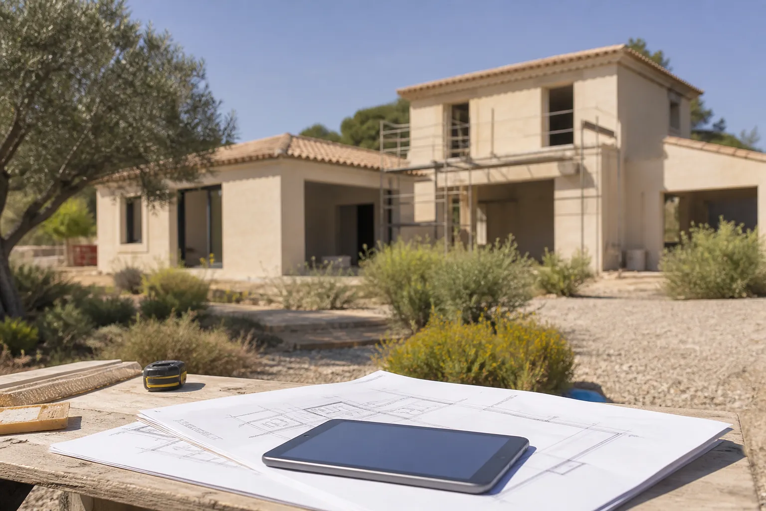 Plans de maison et tablette poses sur une table de chantier, maison en construction en arriere plan, Cannes