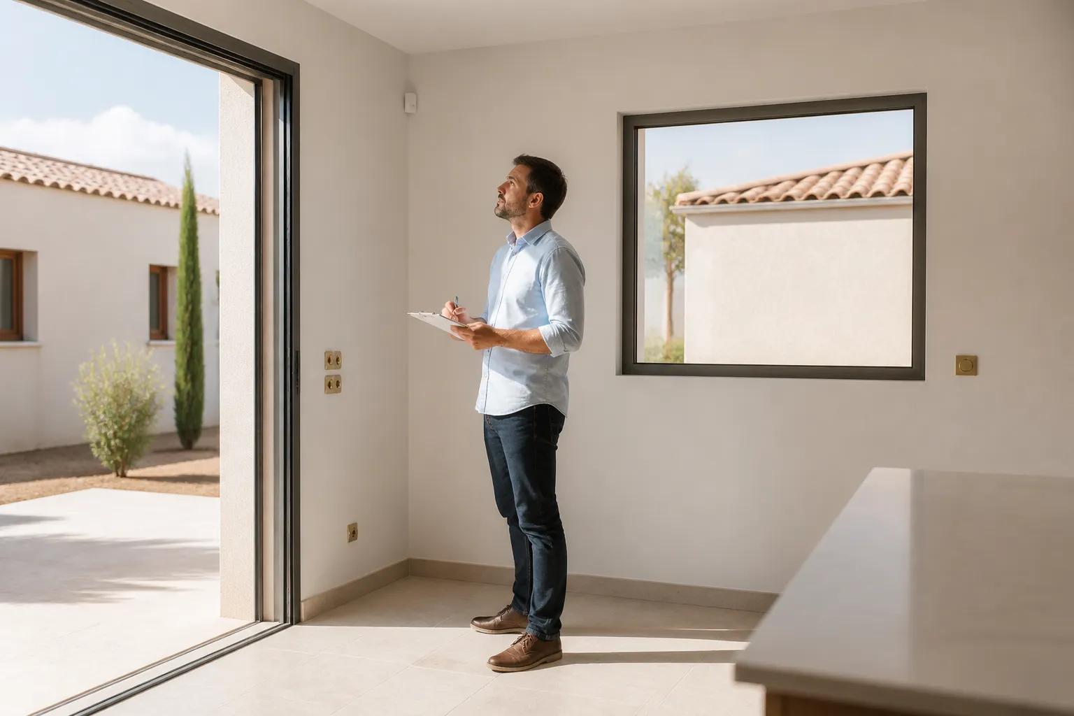 Expert en batiment notant des reserves dans une piece lumineuse de maison neuve, Carcassonne