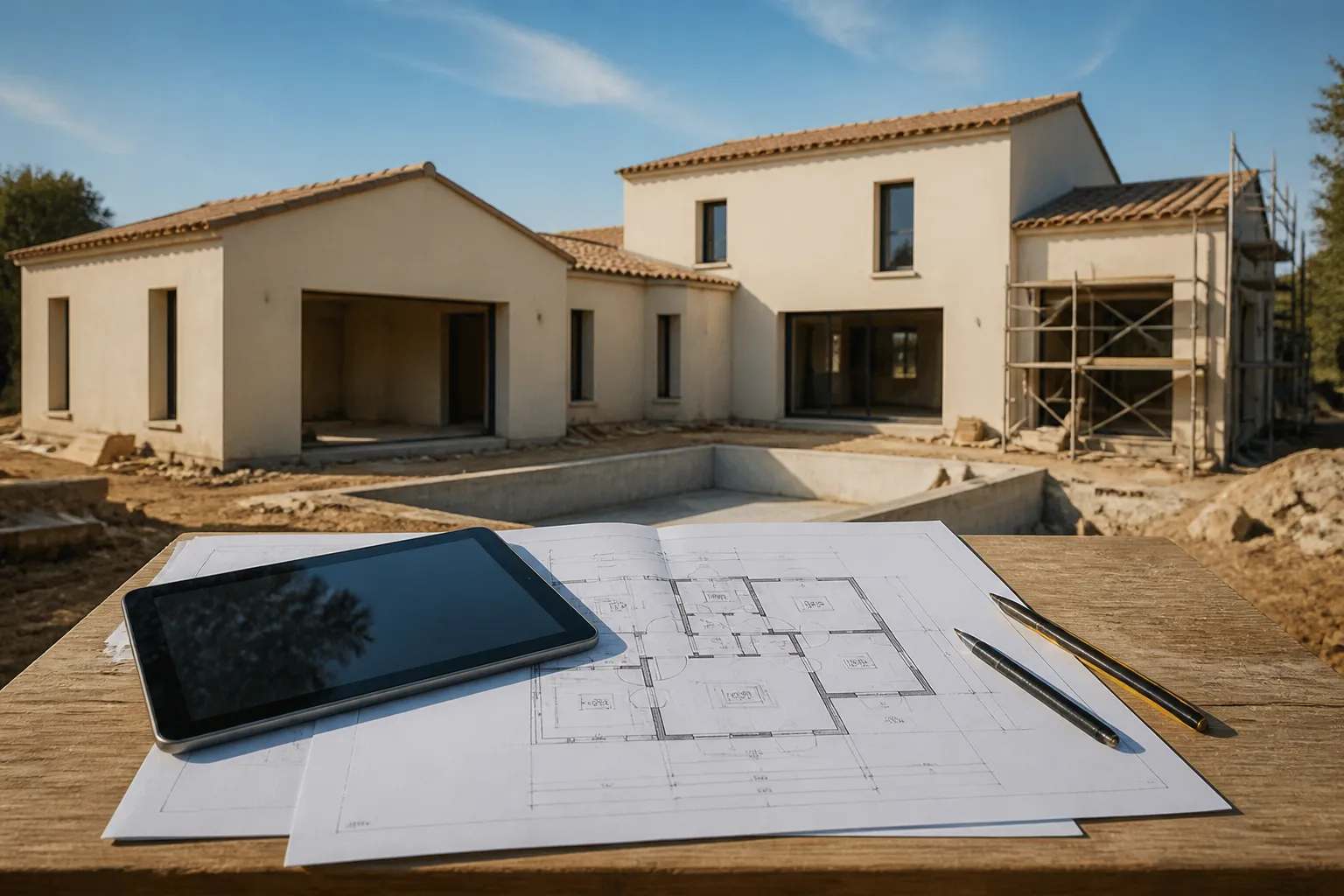 Plans de maison et tablette poses sur une table de chantier, maison en construction en arriere plan, Castelnaudary