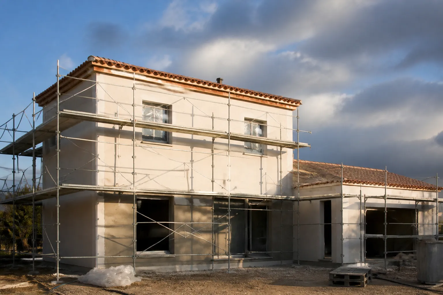 Facade de maison neuve avec echafaudage et enduit en cours, Caussade