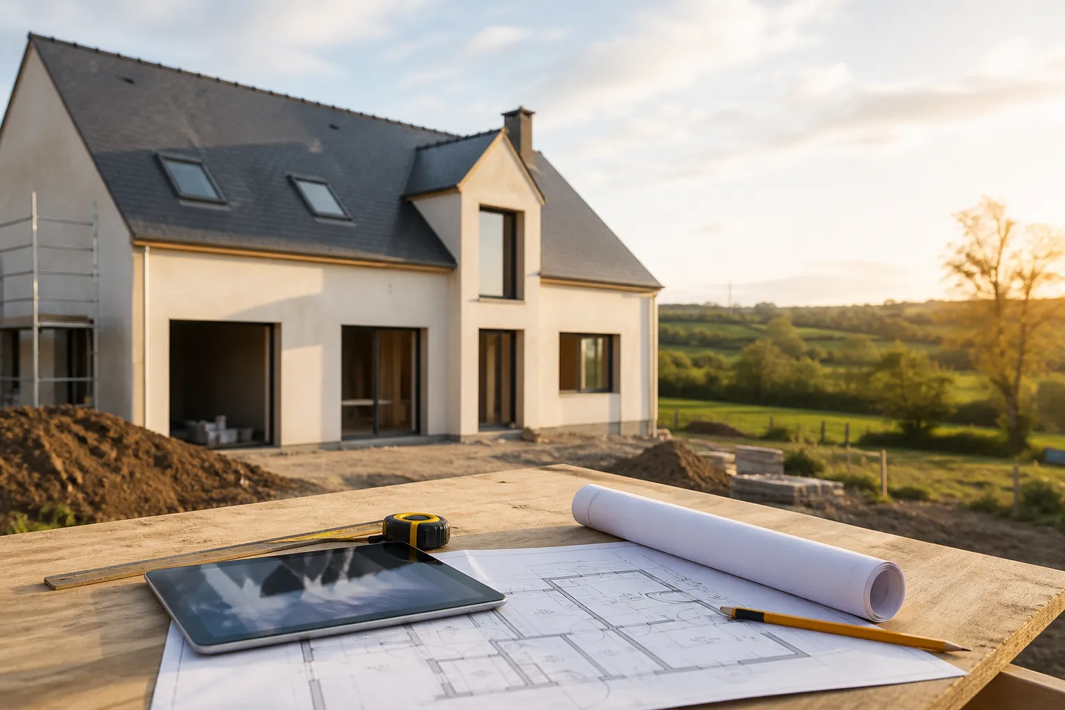 Plans de maison et tablette poses sur une table de chantier, maison en construction en arriere plan, Chateau-Gontier-sur-Mayenne