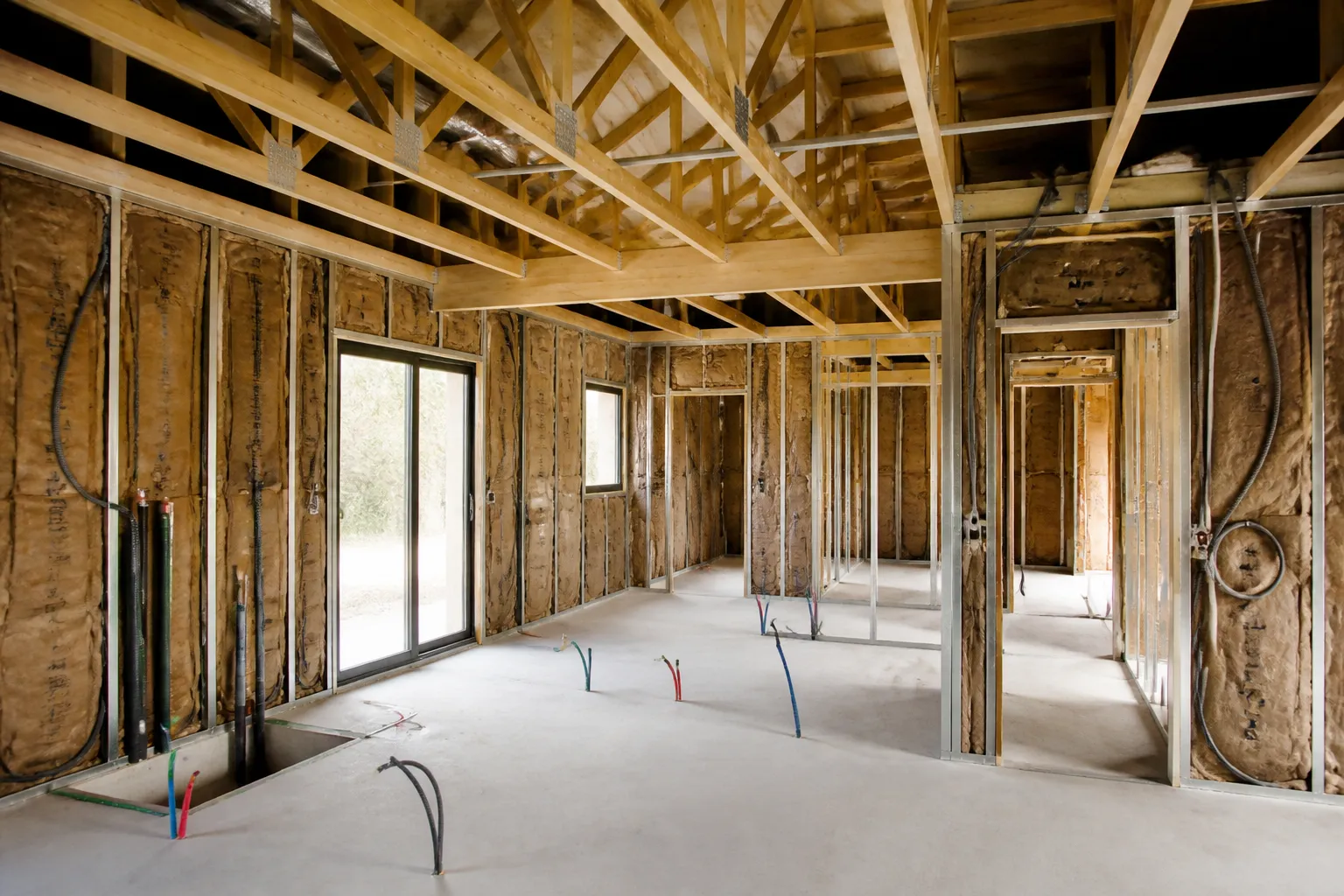 Interieur de maison neuve en cours de cloisonnement avec isolant et reseaux visibles, Colomiers